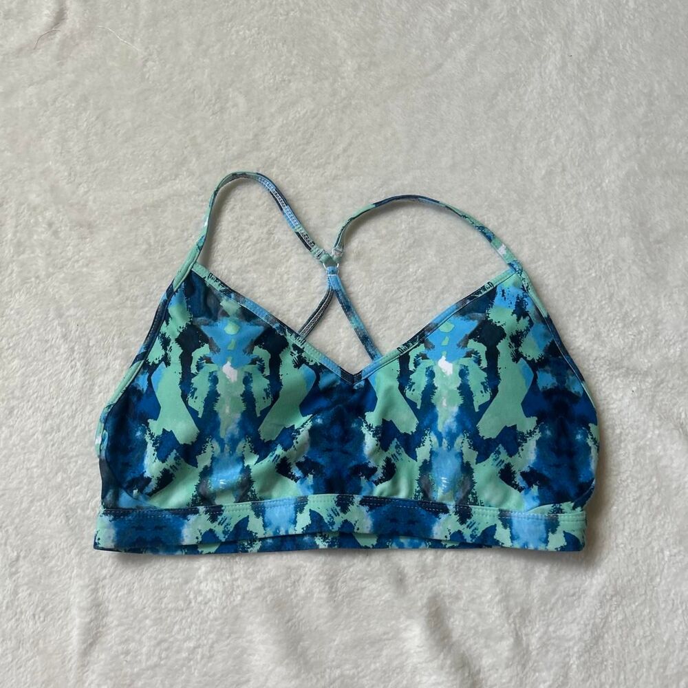 Fabletics Blue and green abstract camouflage medium sports bra racerback sporty